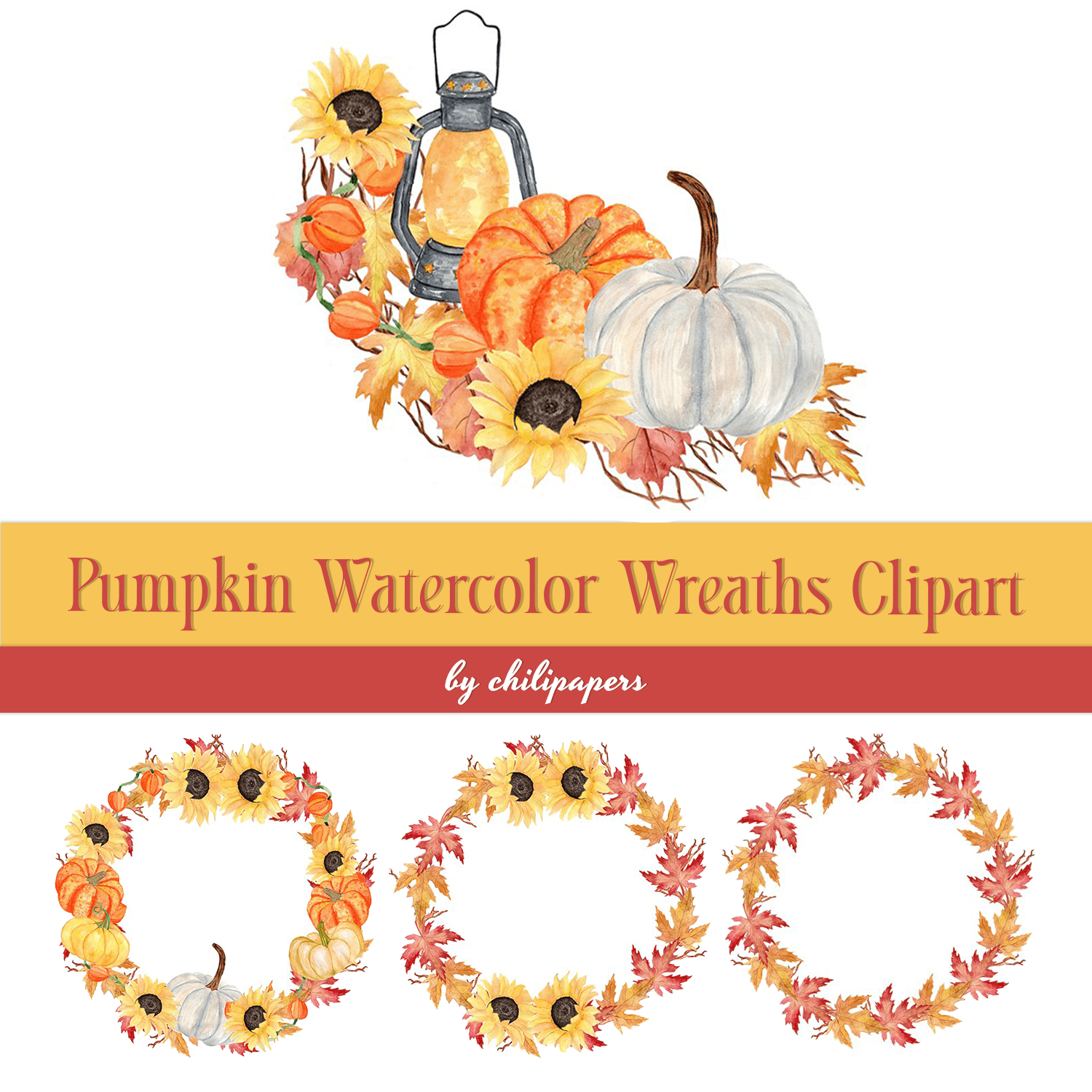 Pumpkin Watercolor Wreaths Clipart.