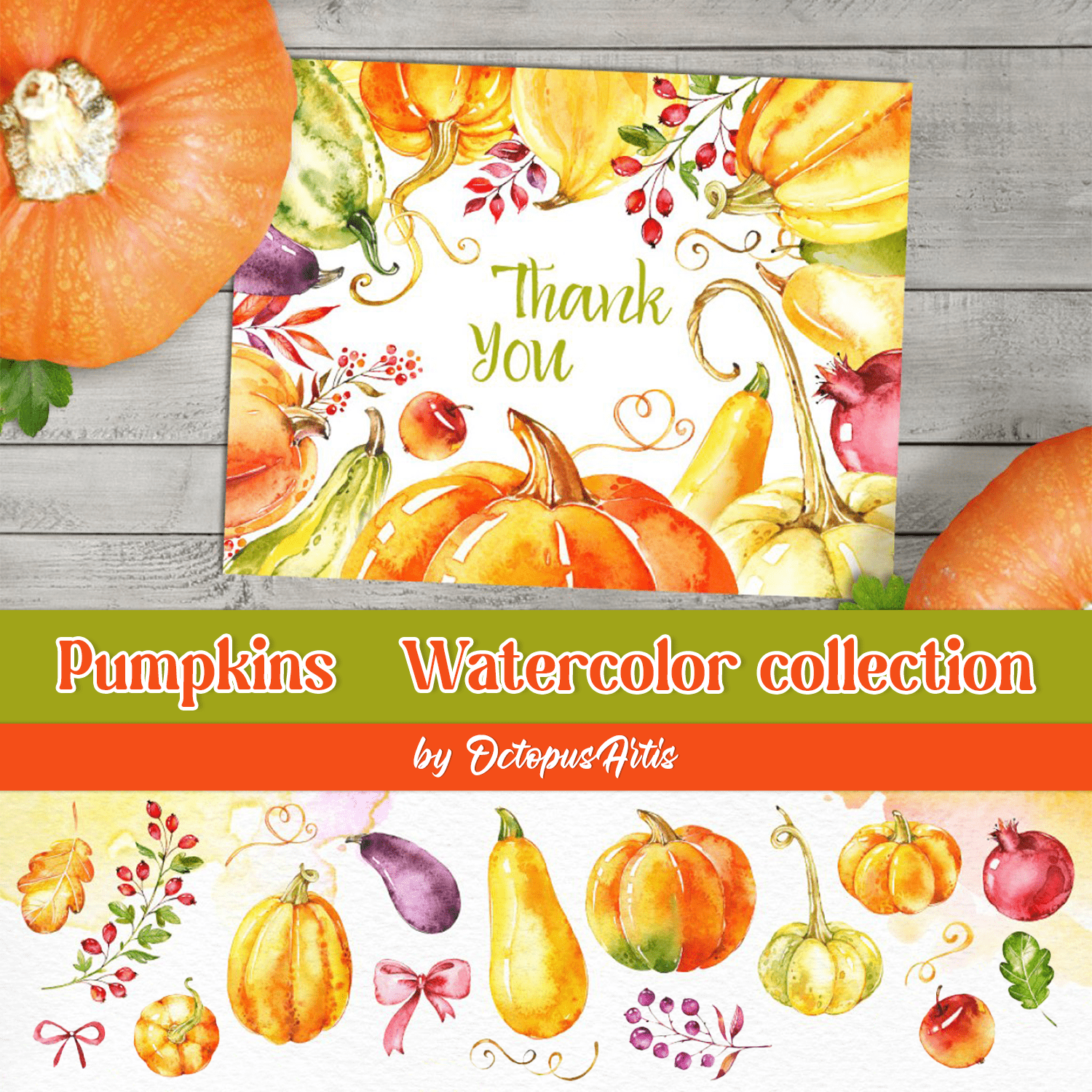 Pumpkins. Watercolor collection cover.