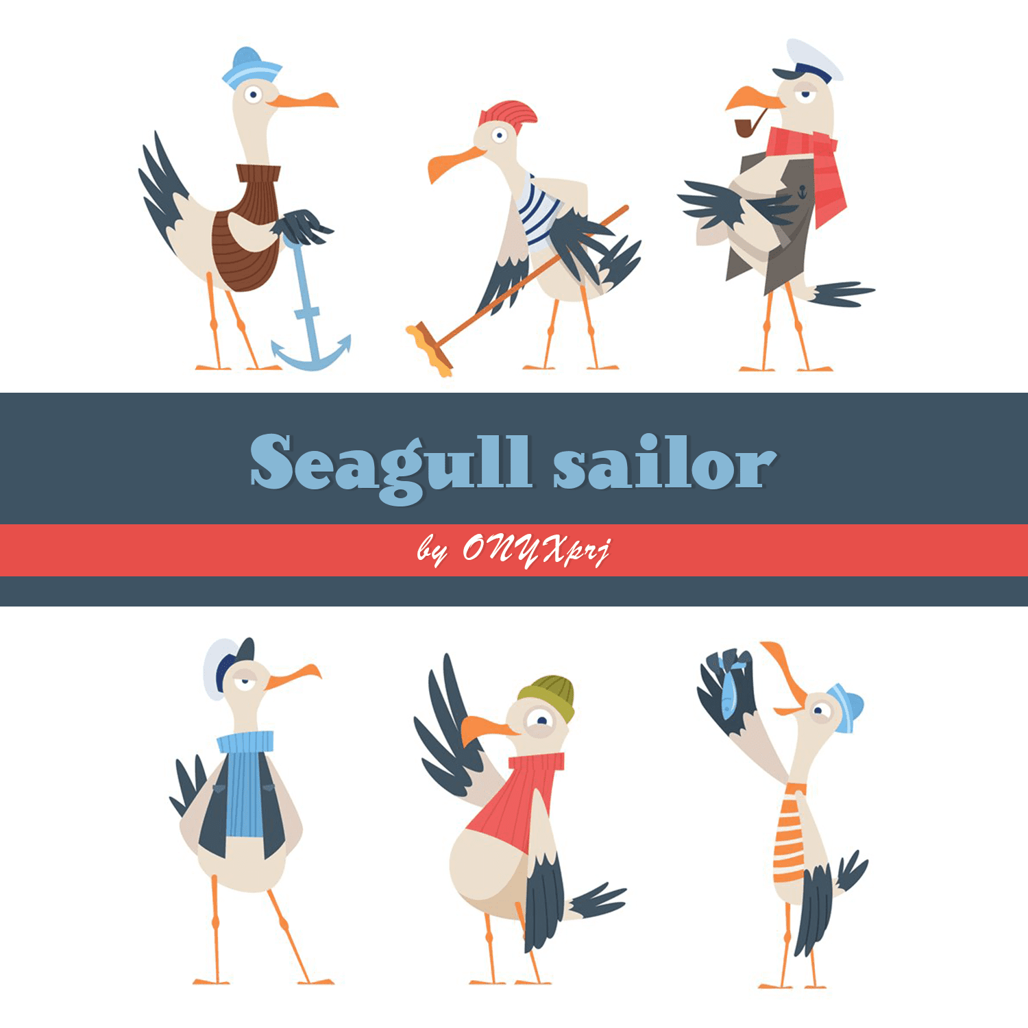 Seagull sailor. Cute funny sea or ocean bird in captain clot cover.