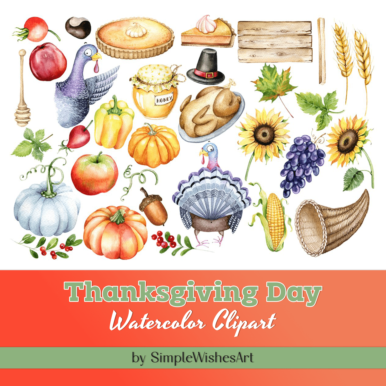 Thanksgiving Day Watercolor Clipart cover.