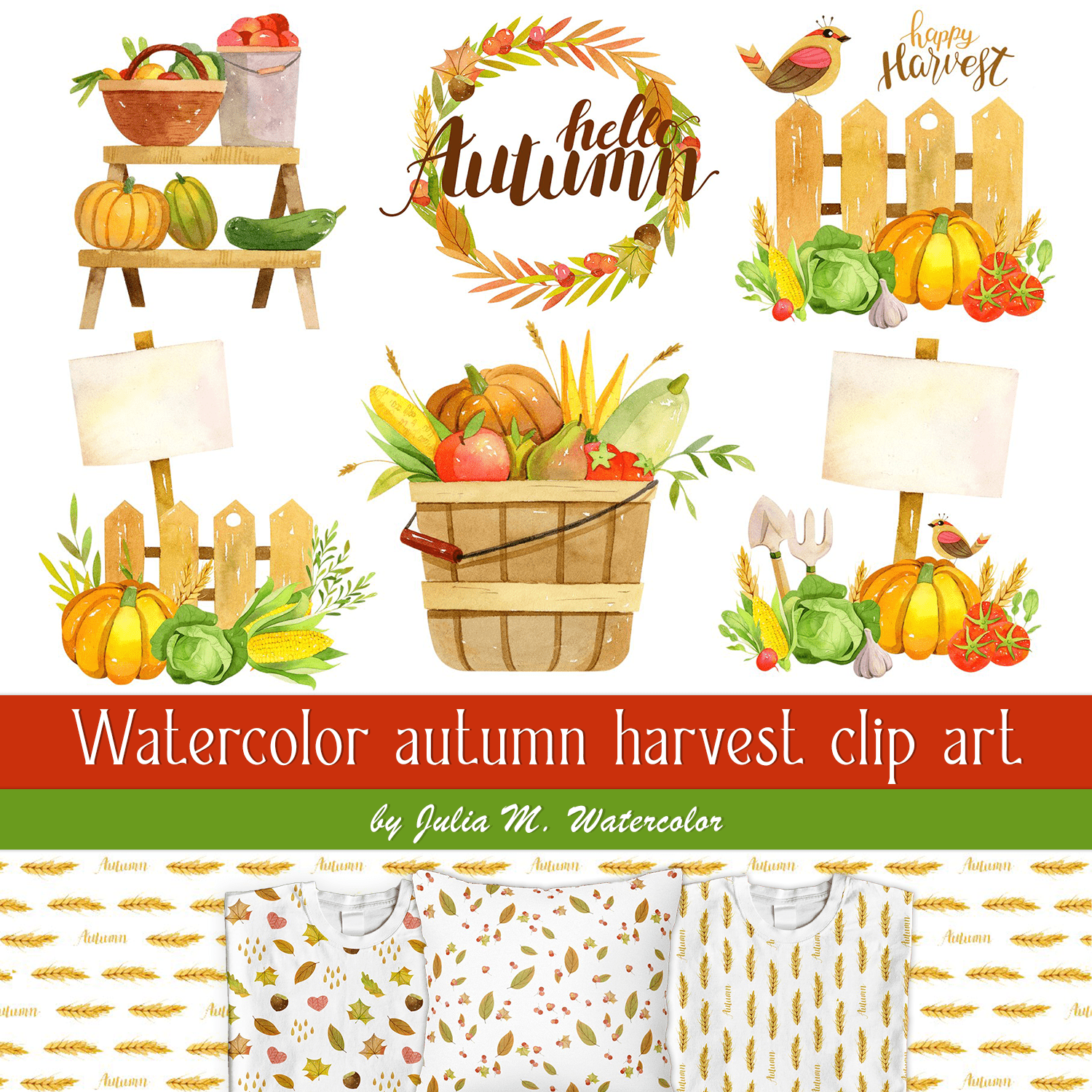 Watercolor autumn harvest clip art cover.