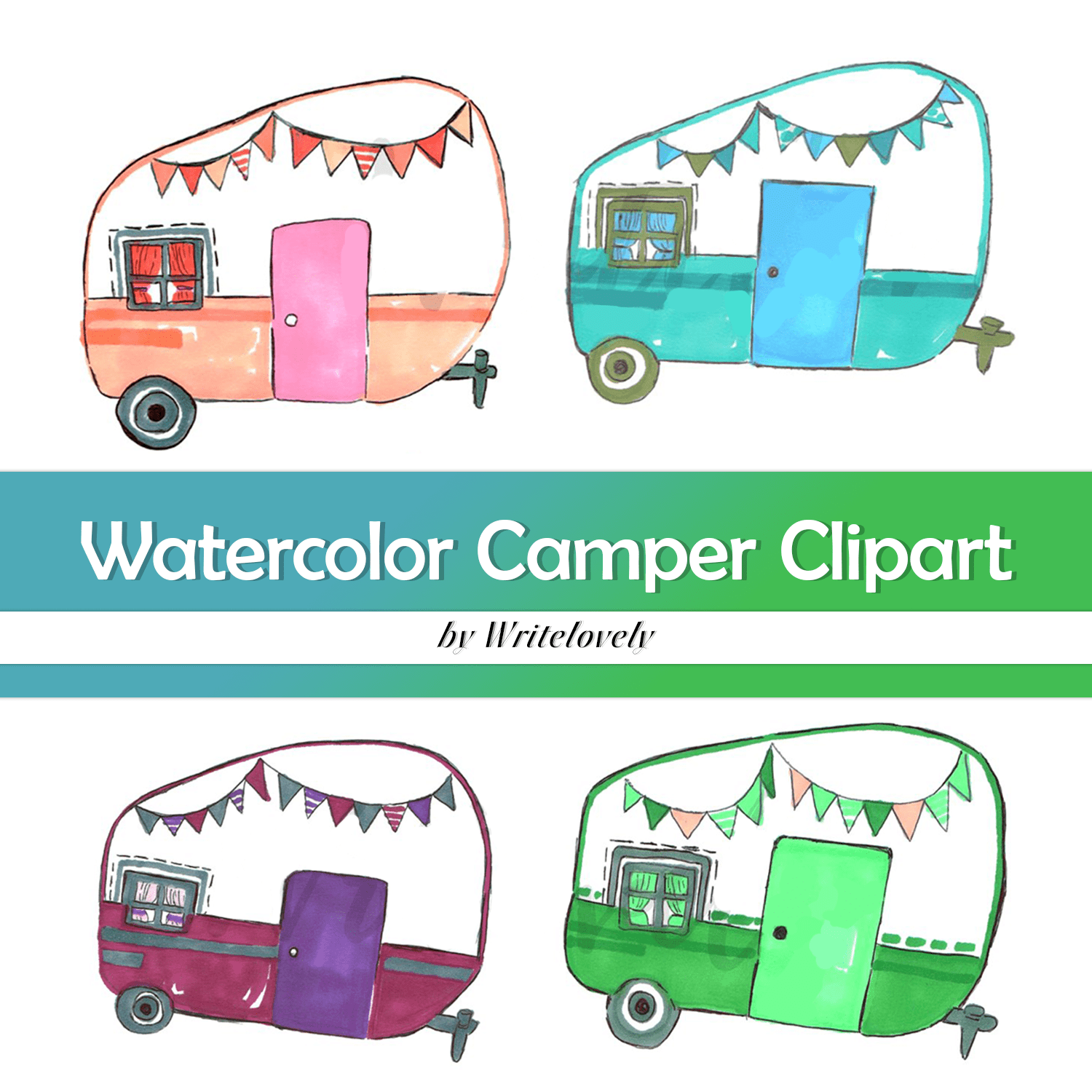 Watercolor Camper Clipart.