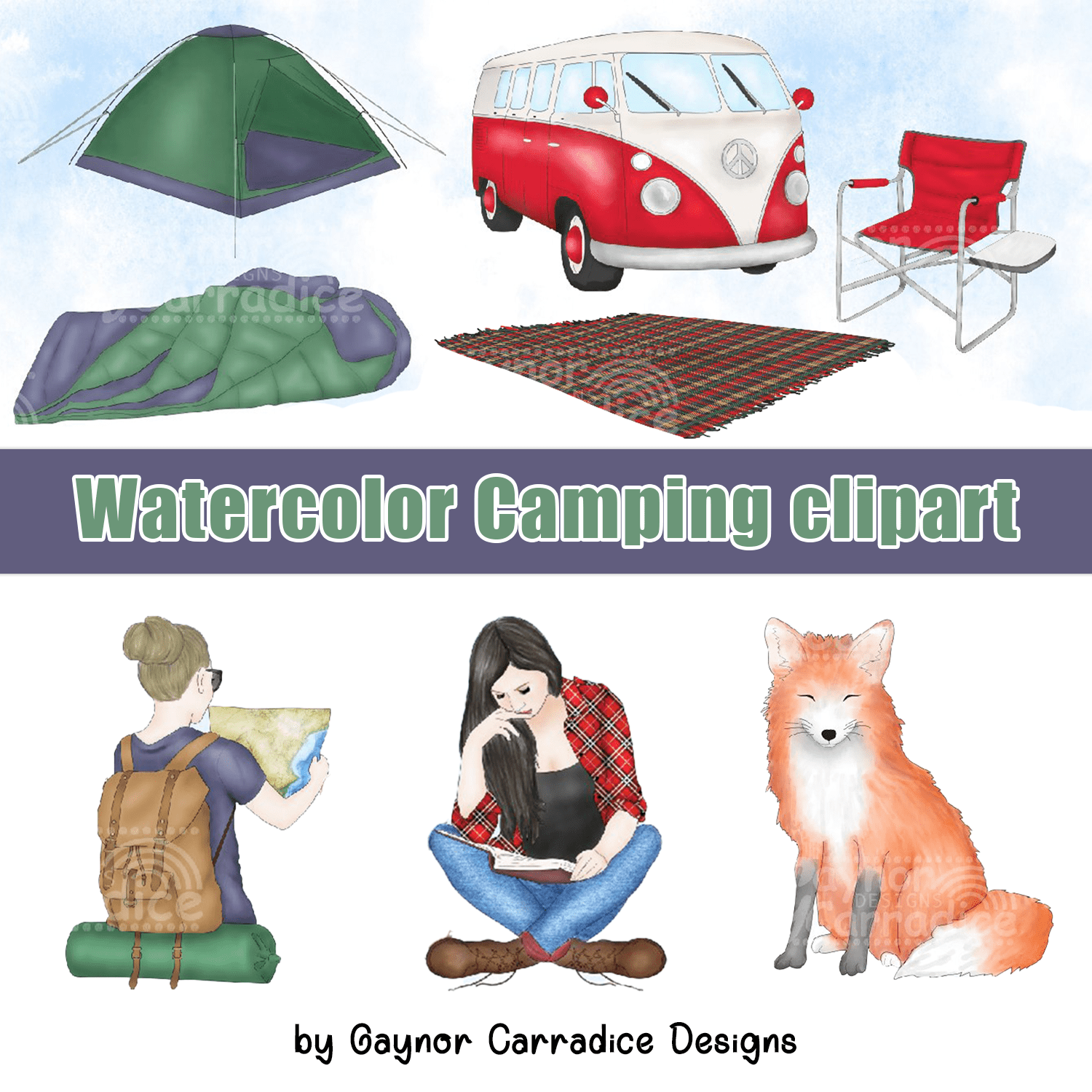 Watercolor Camping clipart cover.