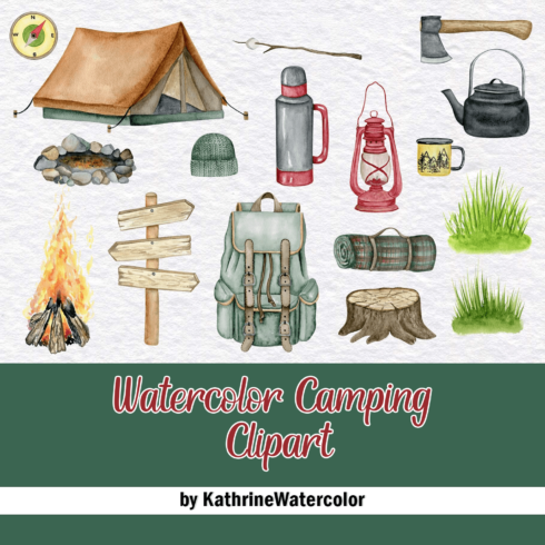 Watercolor Camping Clipart.