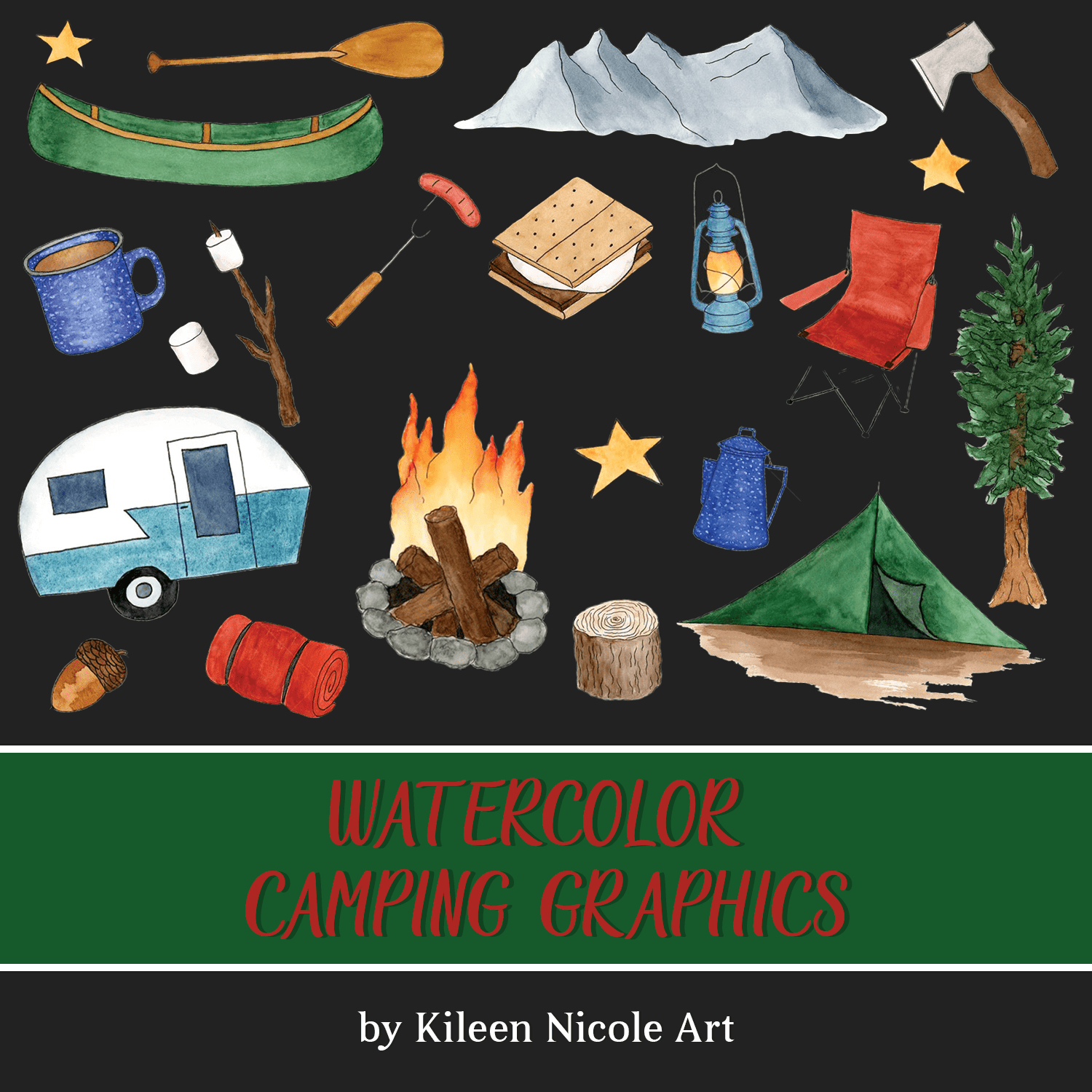 Watercolor Camping Graphics created by Kileen Nicole Art.