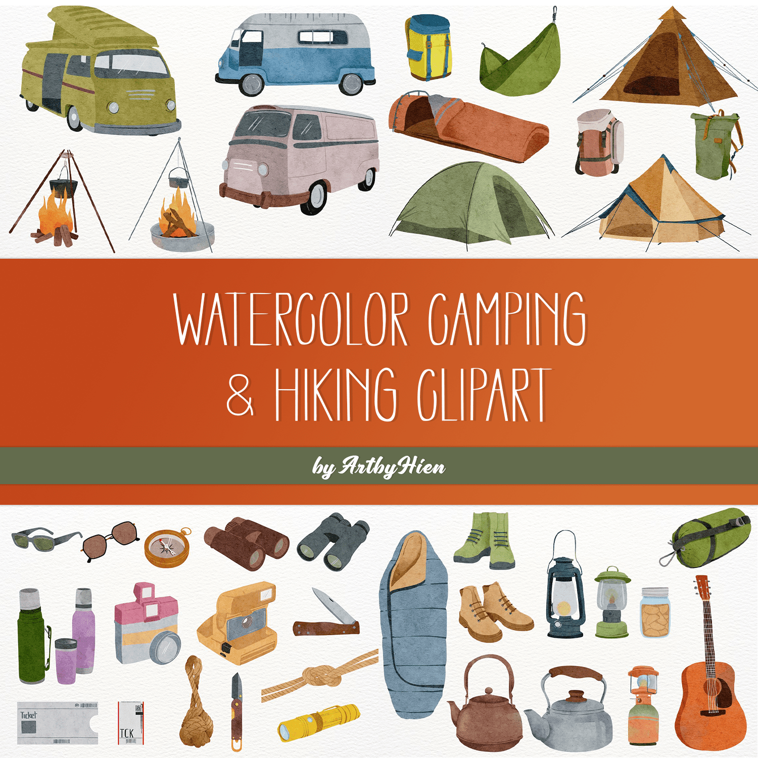 Watercolor Camping & Hiking Clipart created by ArtbyHien.