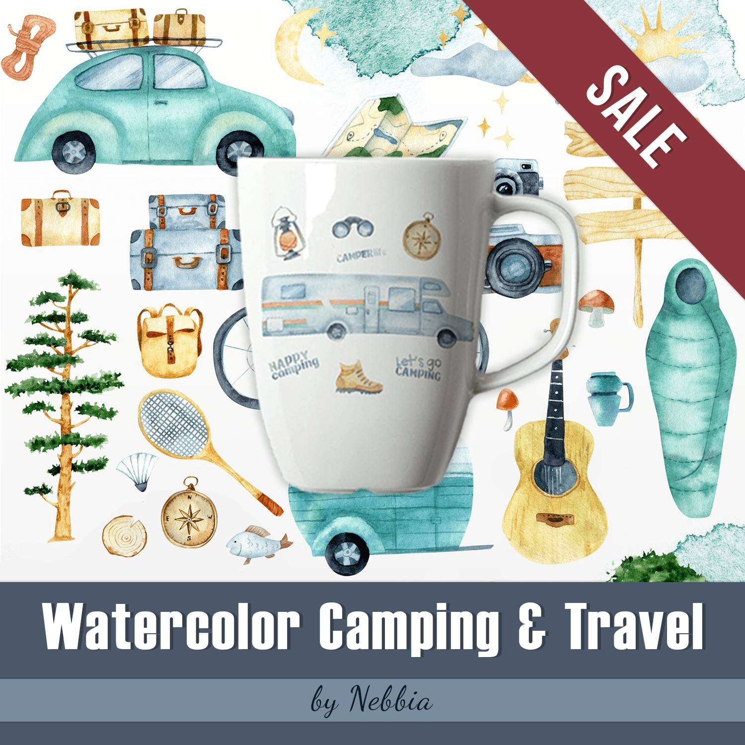 SALE. Watercolor Camping & Travel cover.