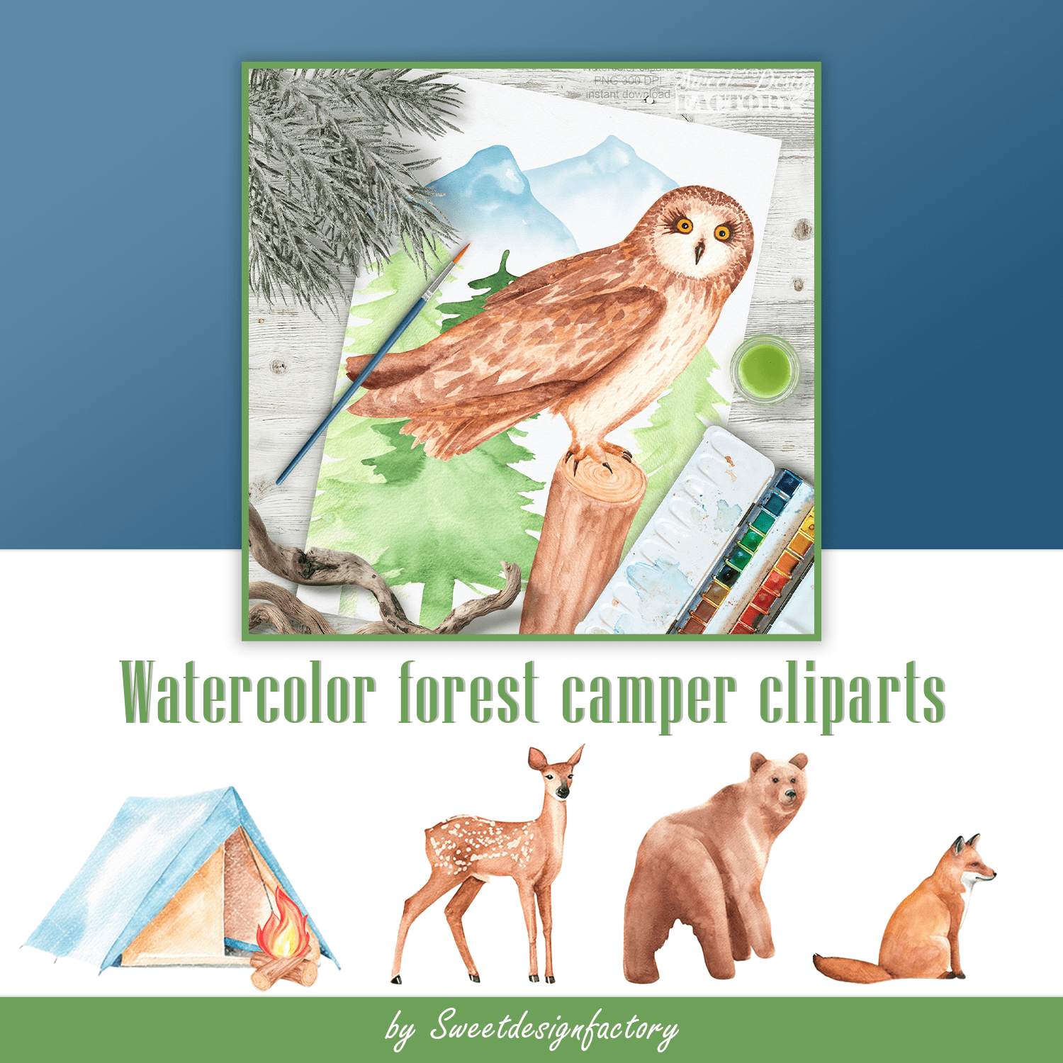 Watercolor forest camper cliparts cover.