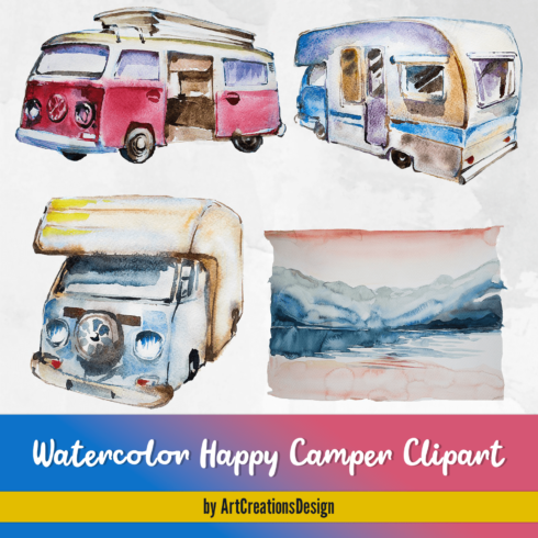 Watercolor Happy Camper Clipart.