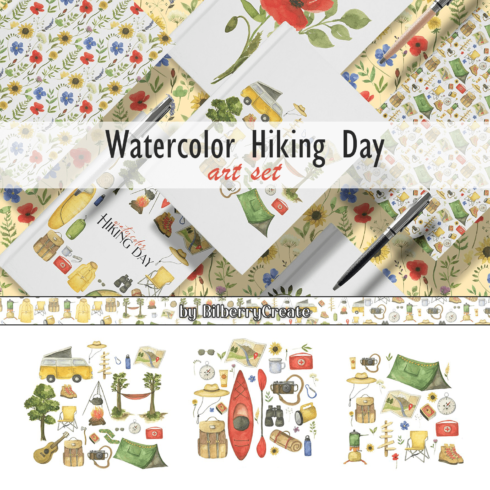 Watercolor Hiking Day art set.