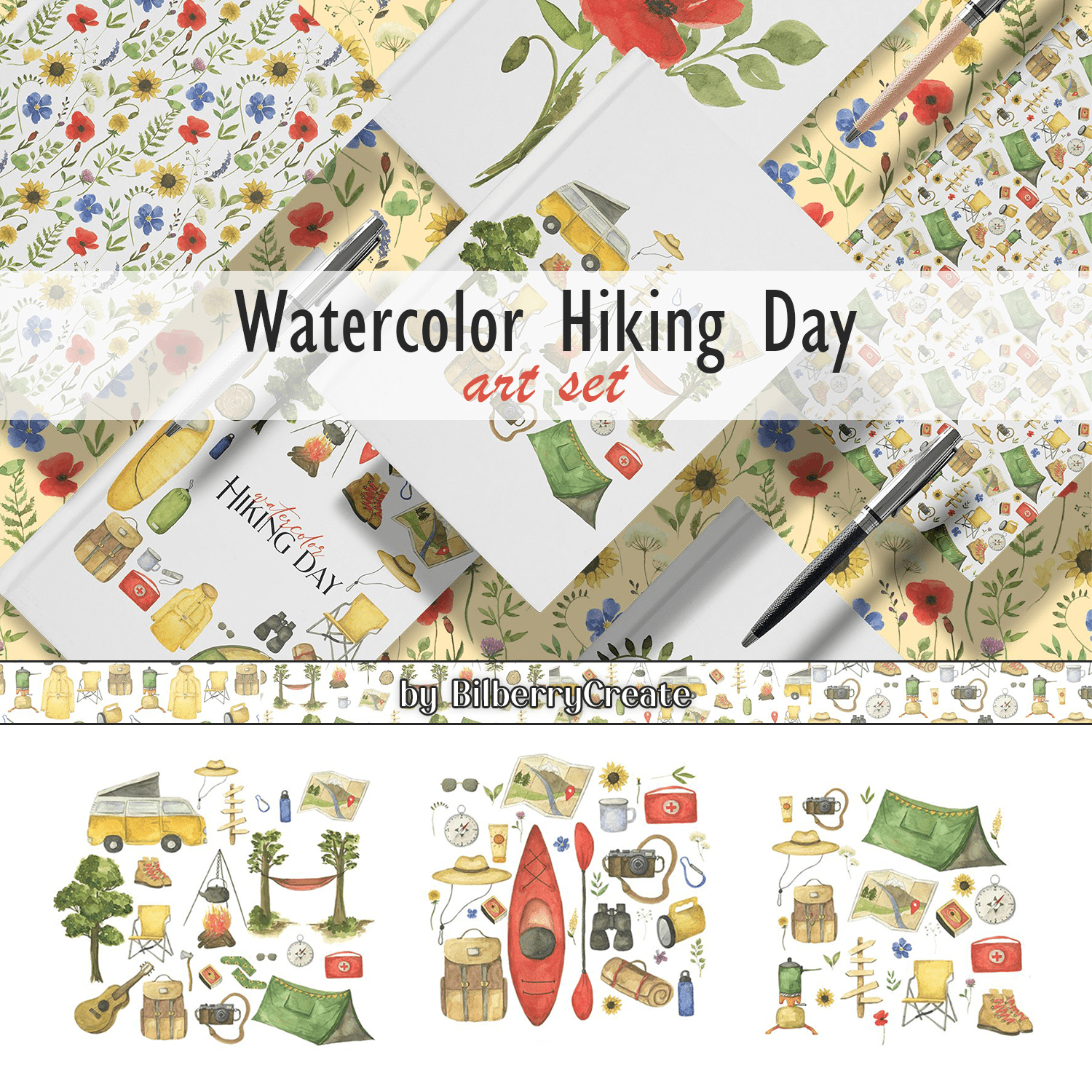 Watercolor Hiking Day art set created by BilberryCreate.
