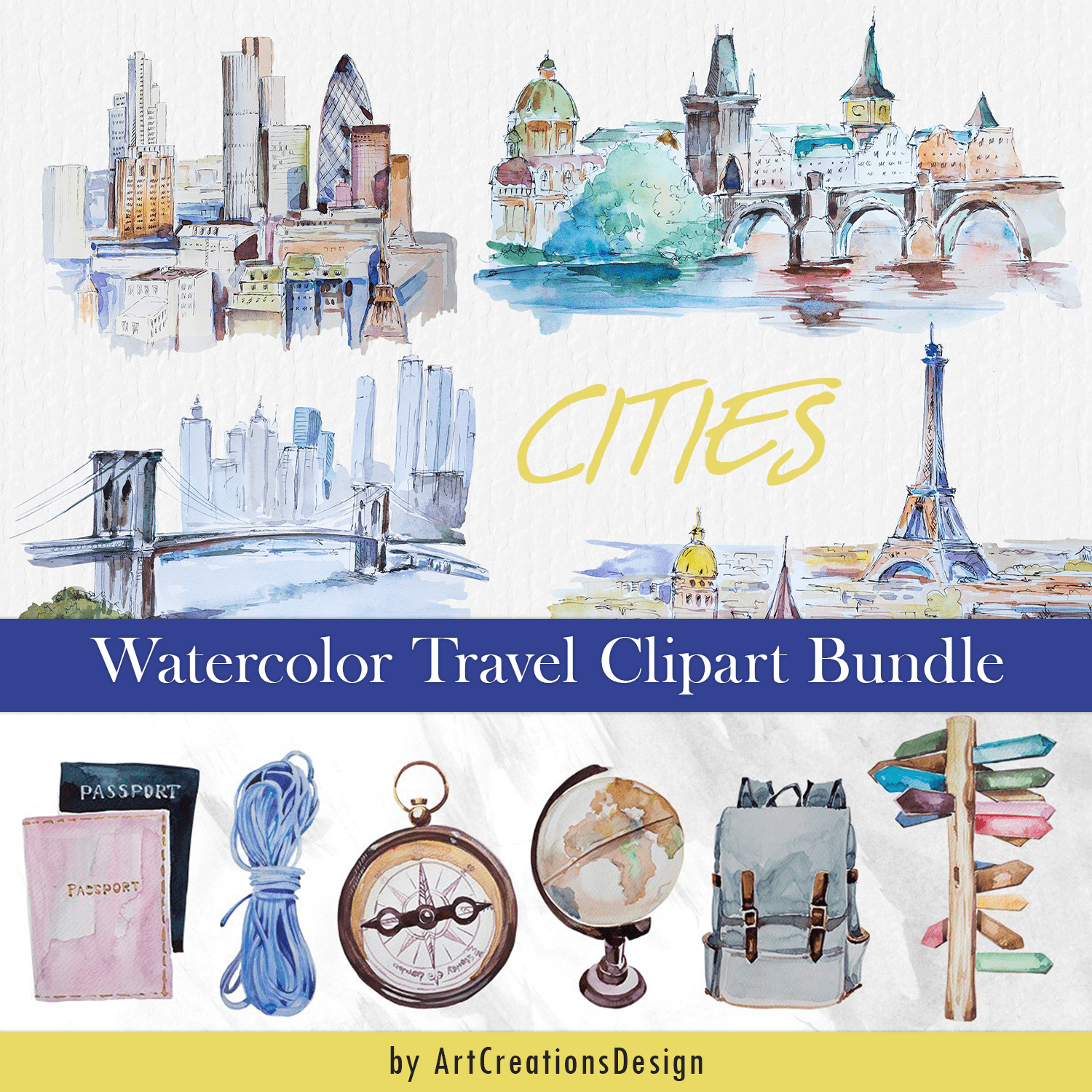 Watercolor Travel Clipart Bundle cover.