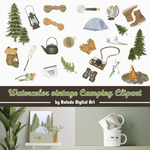Watercolor vintage Camping Clipart.