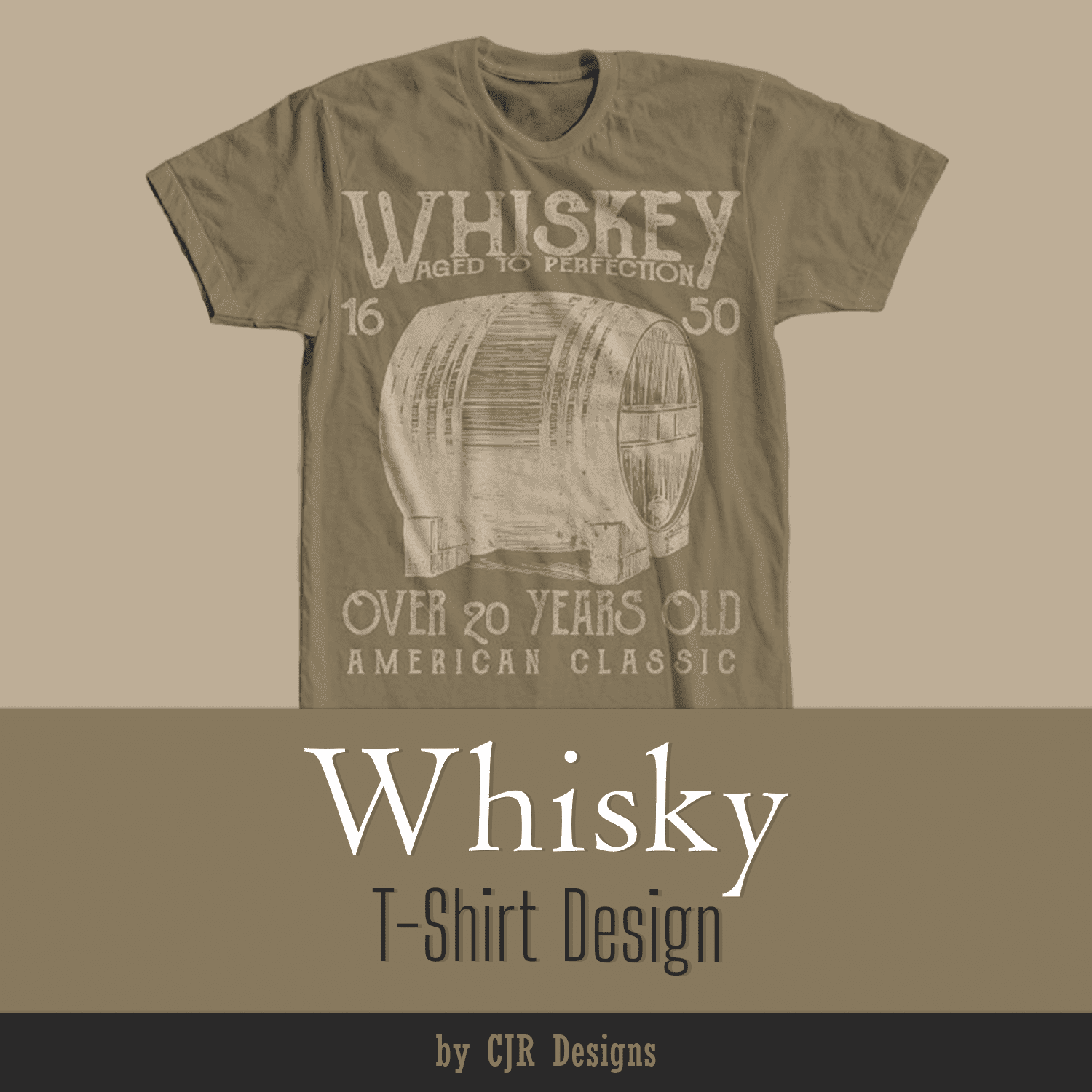 Beige t-shirt with beautiful print with whiskey barrel and slogan.