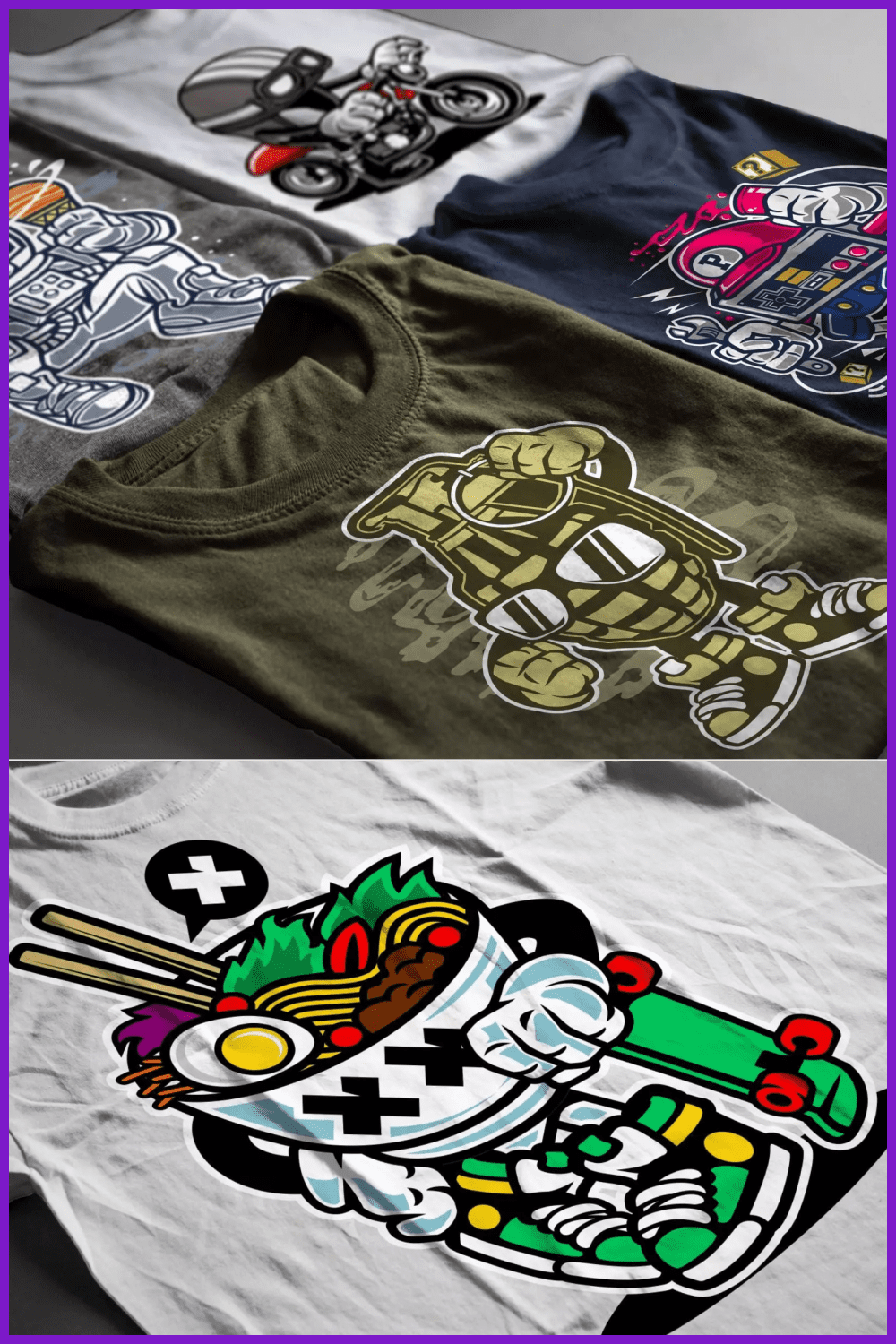 Collage of T-shirt images with bright cartoon characters.