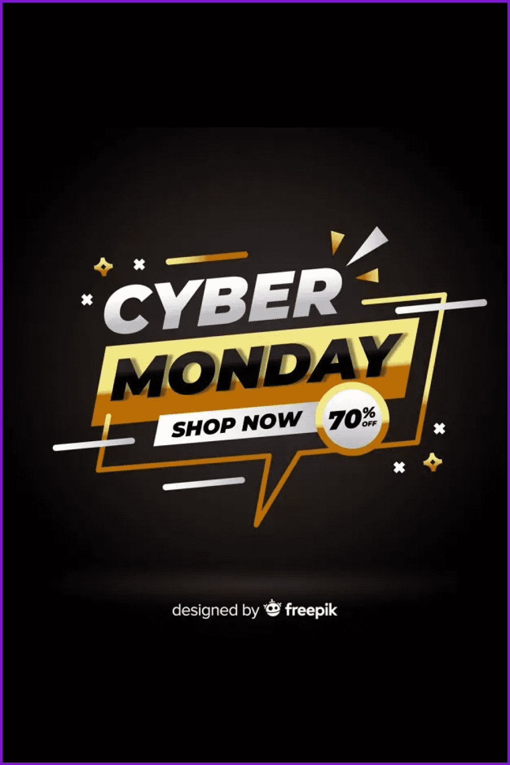 Banner for Cyber Monday with black background and white and gold graphics.
