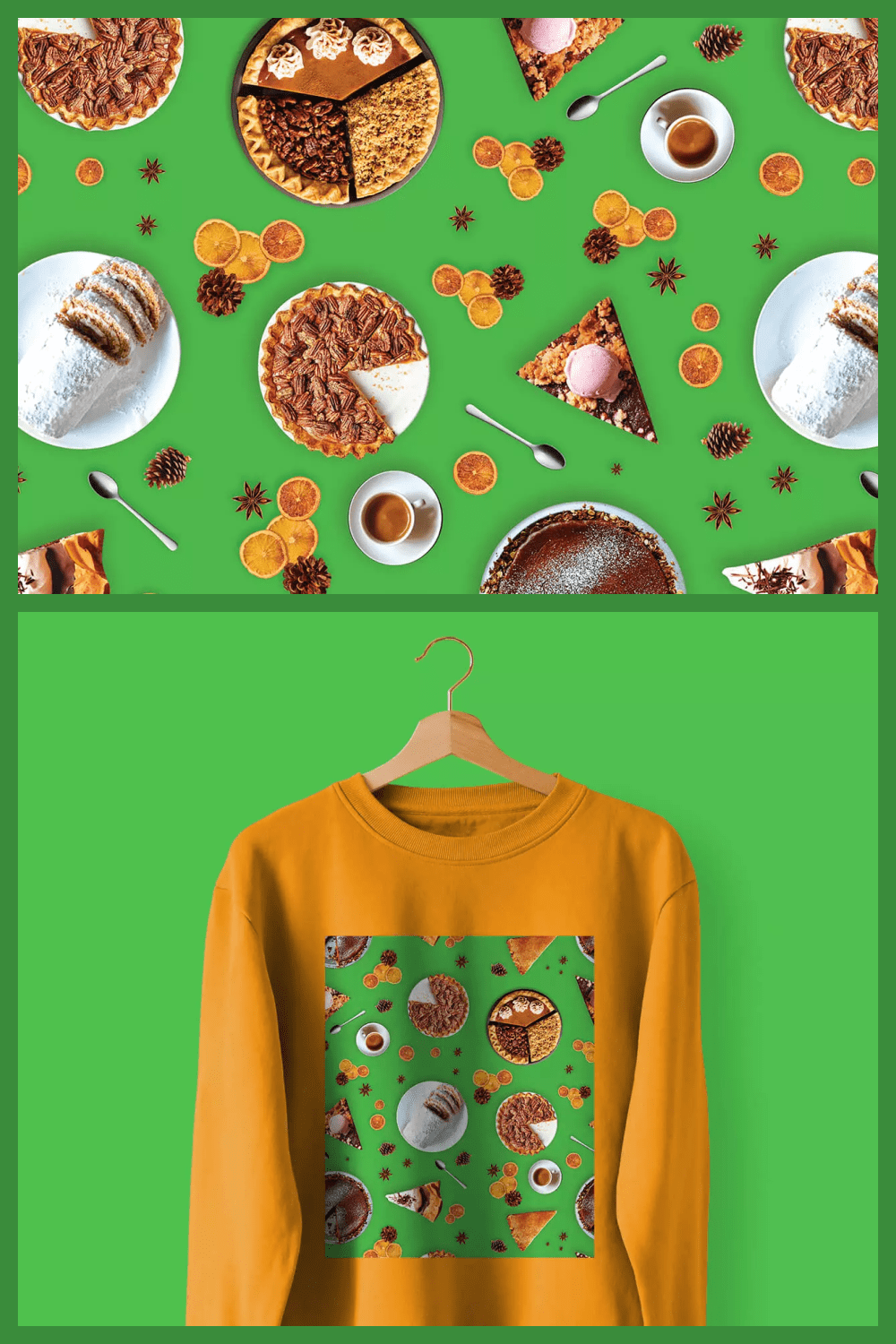 Orange hoodie with green square print with pies and bumps on the chest.
