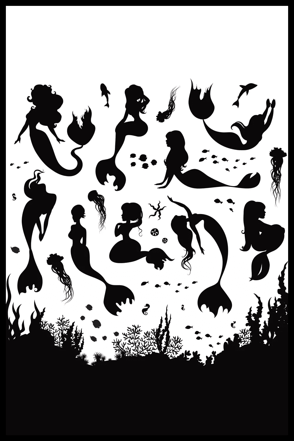 Mermaid silhouettes in different poses at the bottom of the sea.