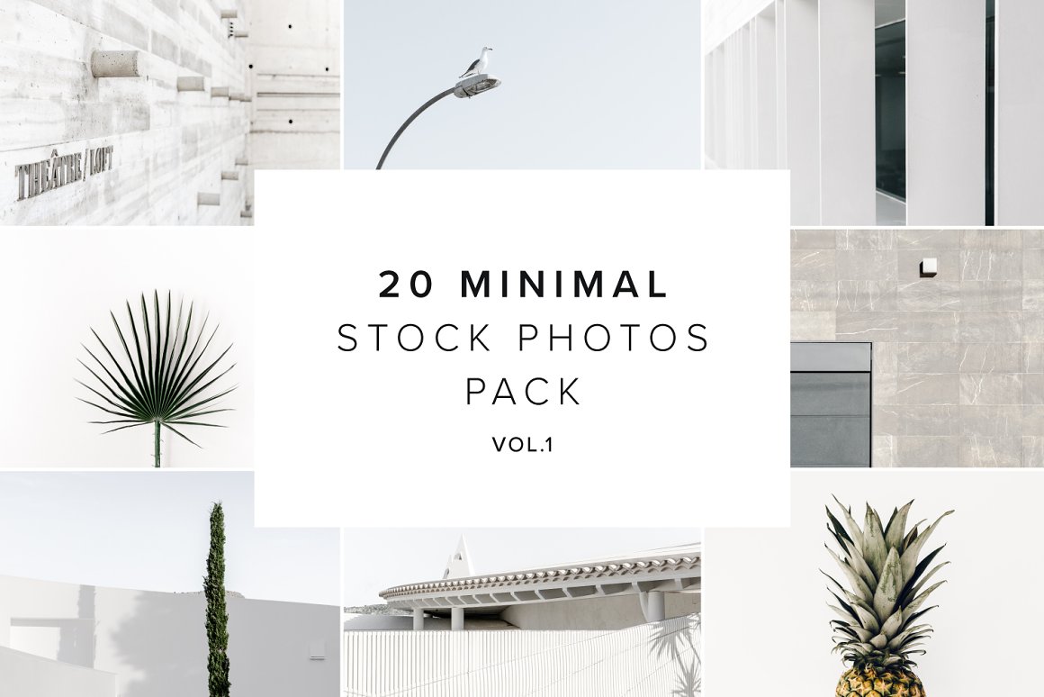 The lettering "20 minimal stock photos pack vol. 1" on a white background and 8 different images in a minimalist style.