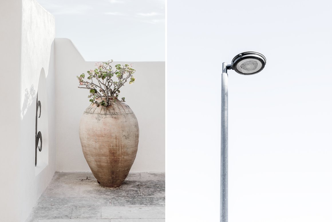 2 different images in a minimalist style and light colors - a plant in a pot and a street lamp.