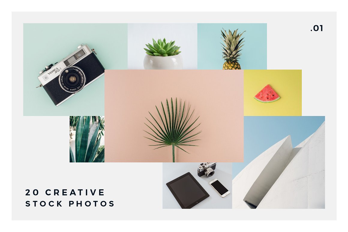 The lettering "20 Creative Stock Photos" and 8 colorful and bright images.
