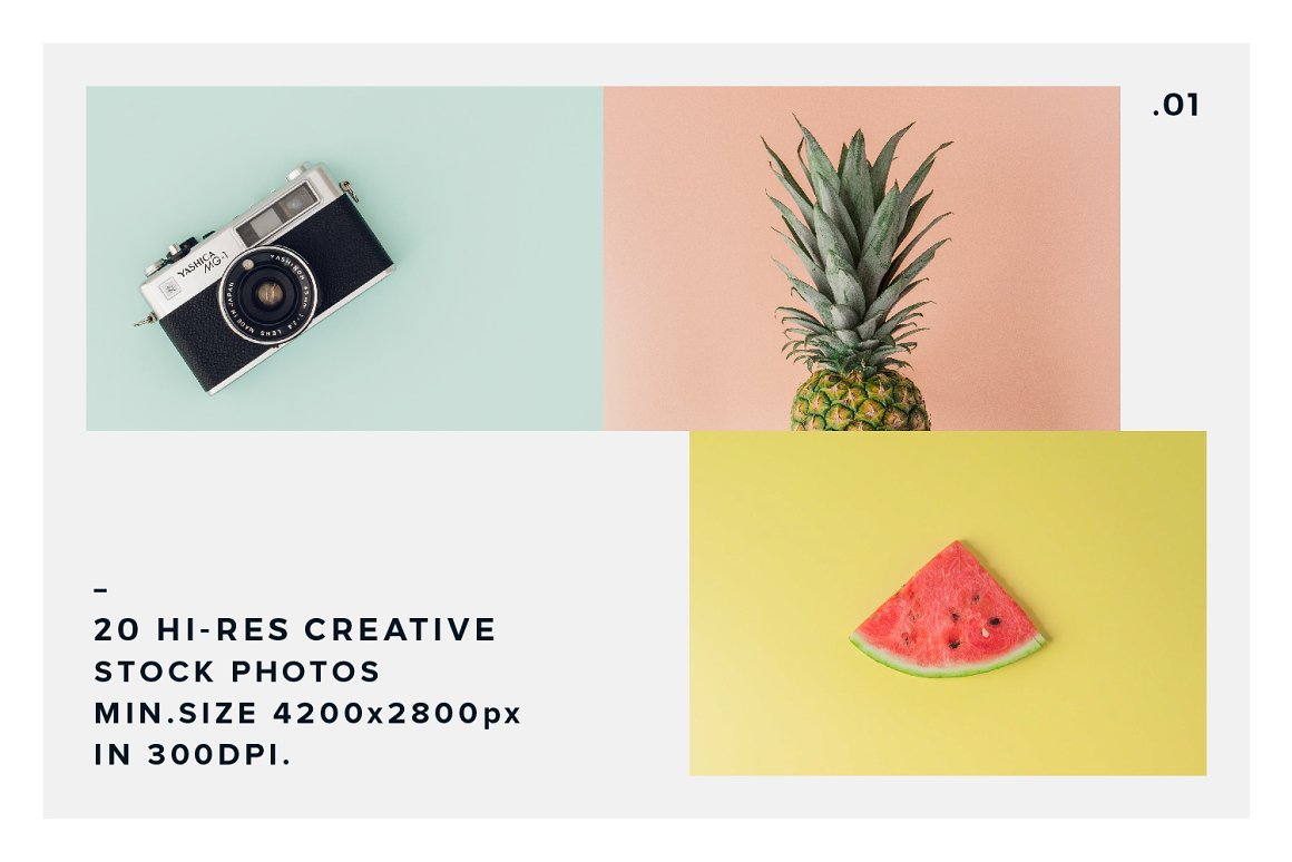 The lettering "20 Hi-Res Creative Stock Photos min.size 4200x2800px in 300dpi" and 3 colorful and bright images - a camera, a pineapple and a watermelon.
