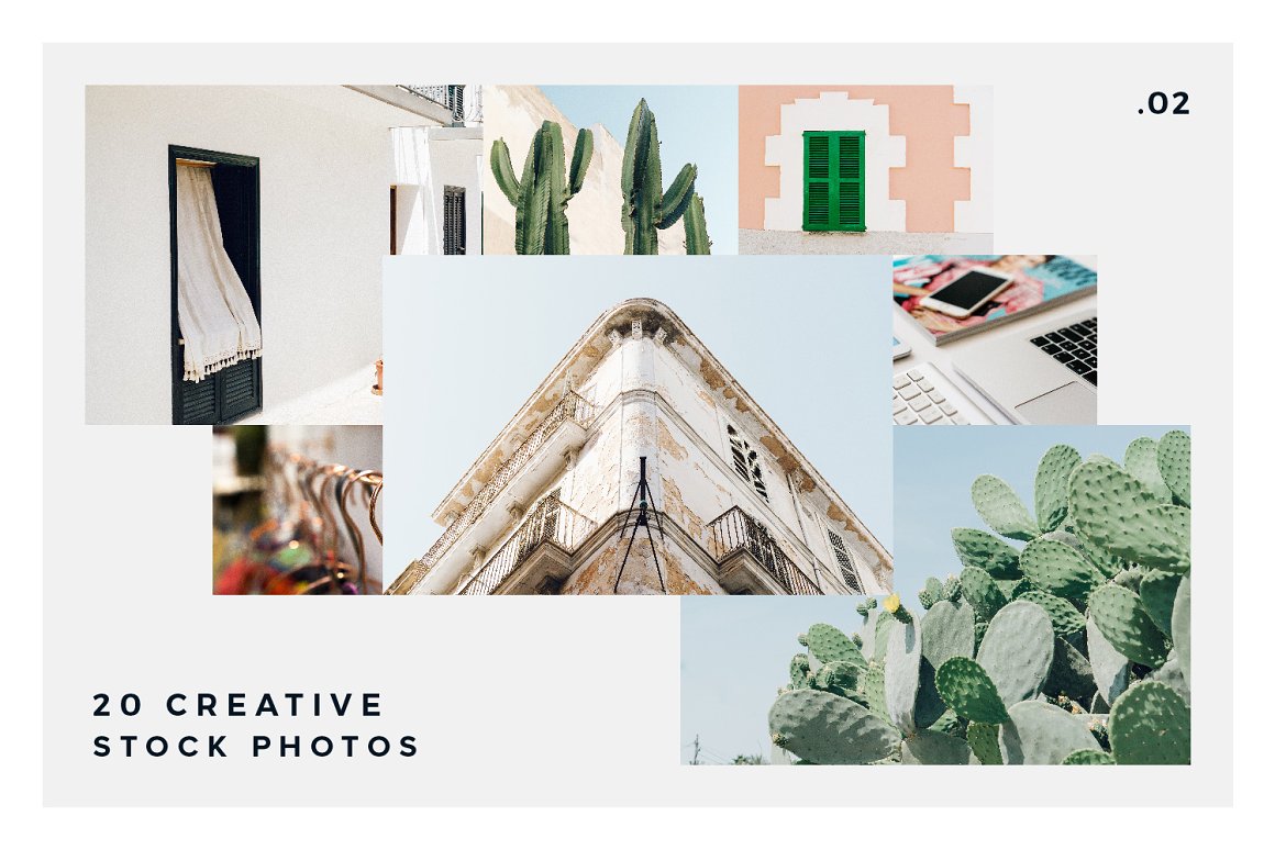 The lettering "20 Creative Stock Photos" and 7 creative and colorful images.