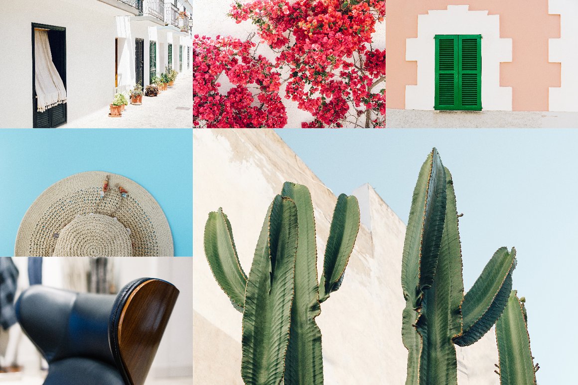 6 colorful and bright images - a white building, a rose bush of flowers, a straw hat on a blue background, a shoe with a wooden sole, a pink and white building with a green door, and cacti.