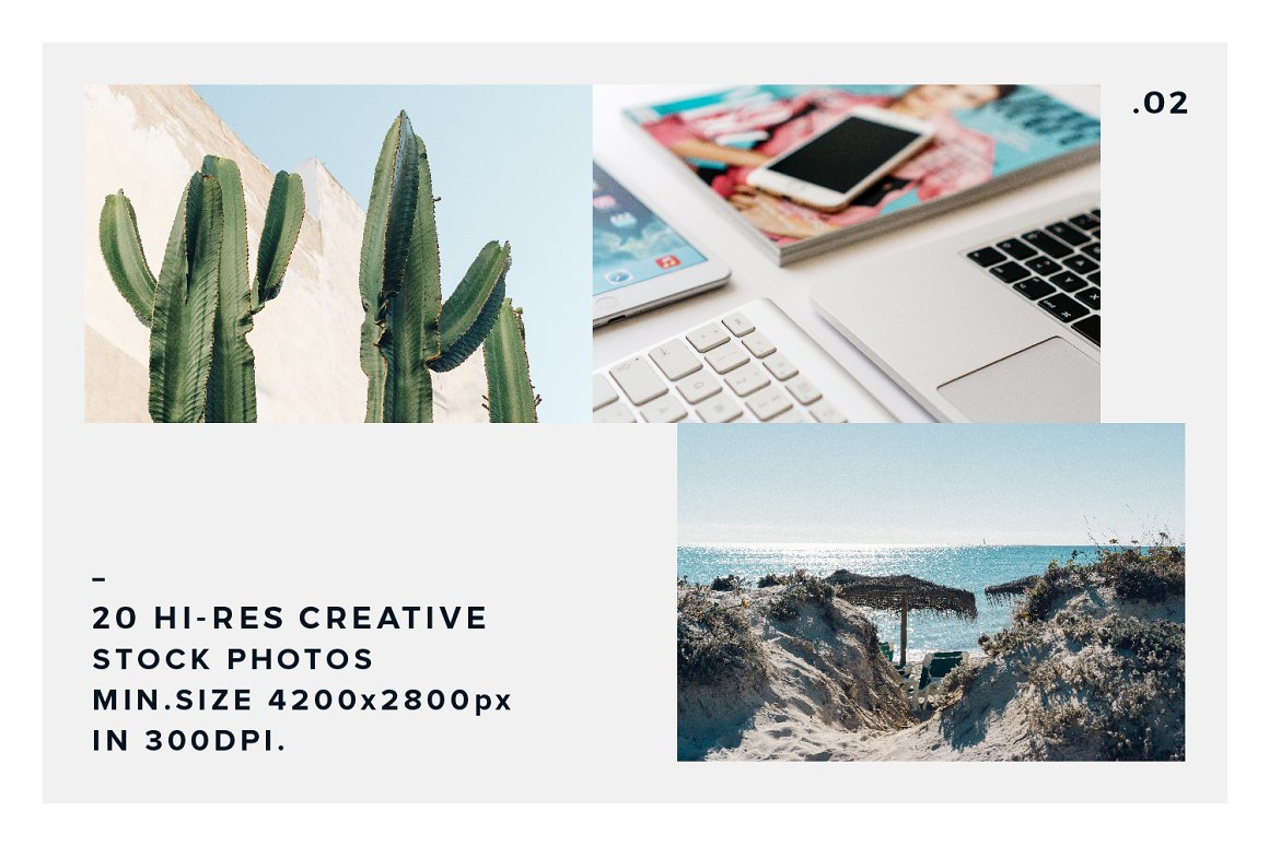 The lettering "20 Hi-Res Creative Stock Photos min.size 4200x2800px in 300dpi" and 3 colorful and creative images - cacti, apple technology and a magazine and a rocky shore overlooking the sea.