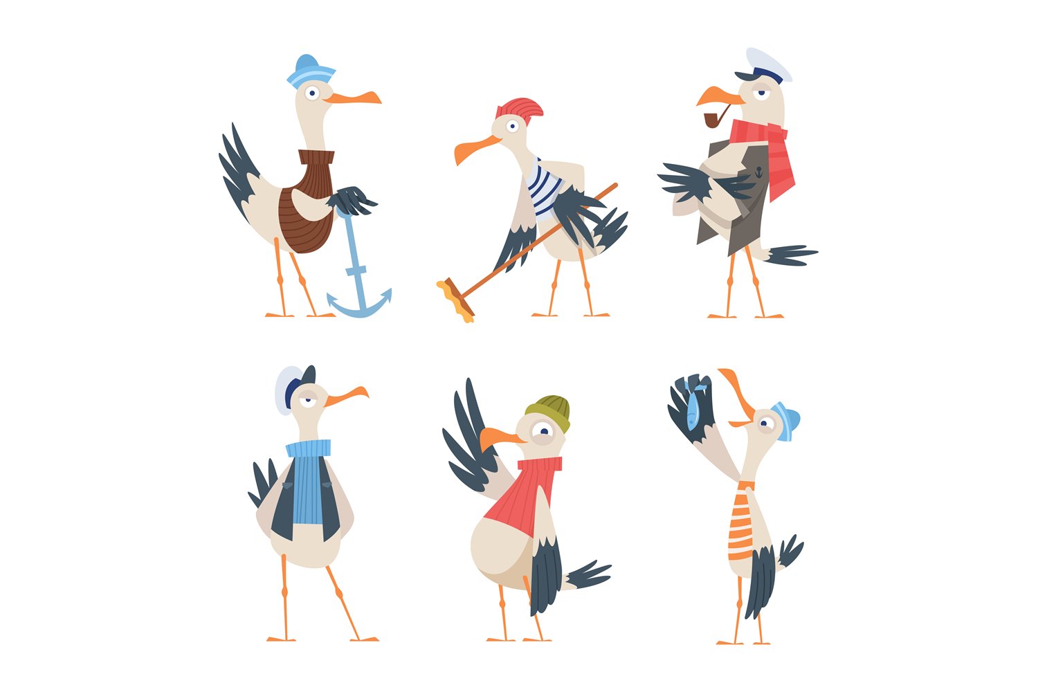 Funny seagull in different characters.