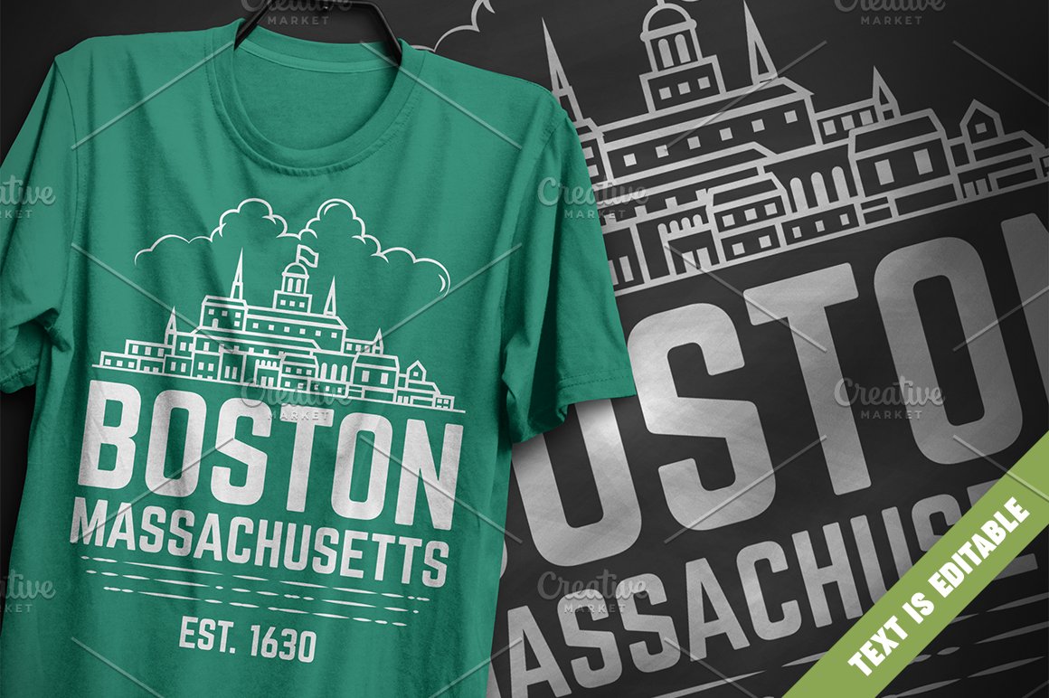 Green T-shirt with image city Boston and the lettering "Boston Massachusetts" on the background with the same image Cover.