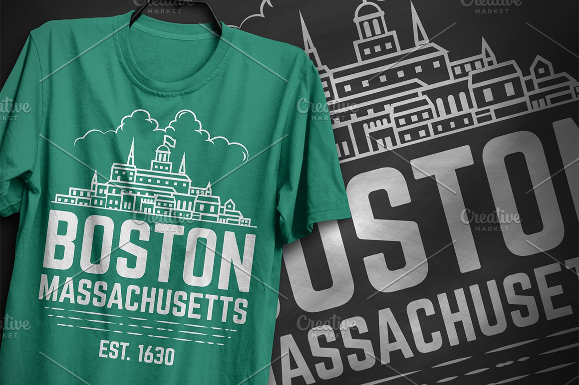 Green T-shirt with image city Boston and the lettering "Boston Massachusetts" on the background with the same image.