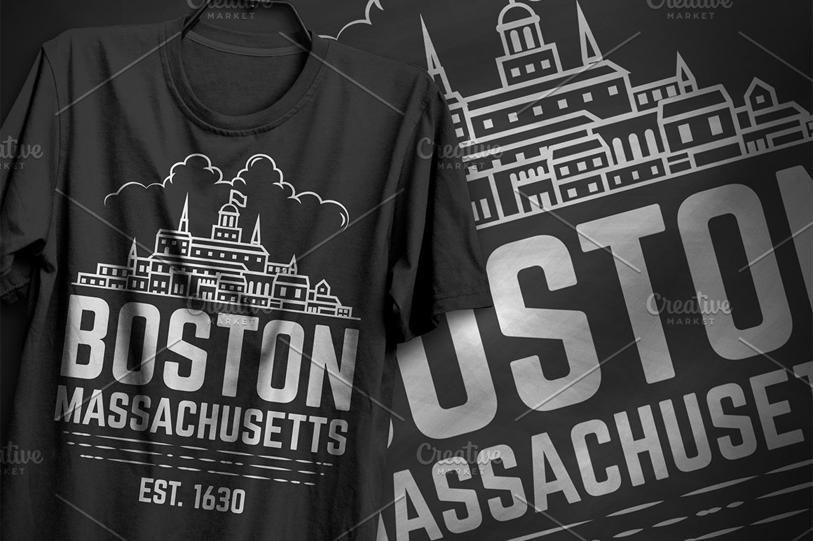 Black T-shirt with image city Boston and the lettering "Boston Massachusetts" on the background with the same image.
