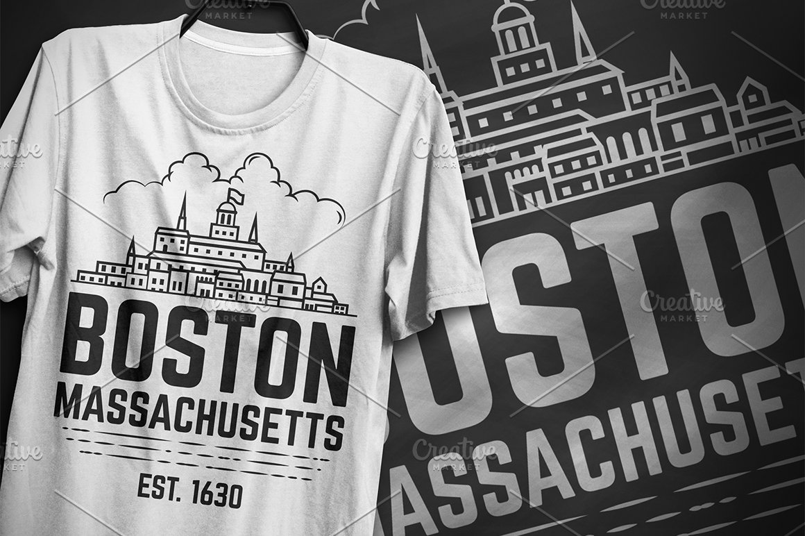 White T-shirt with image city Boston and the lettering "Boston Massachusetts" on the background with the same image.