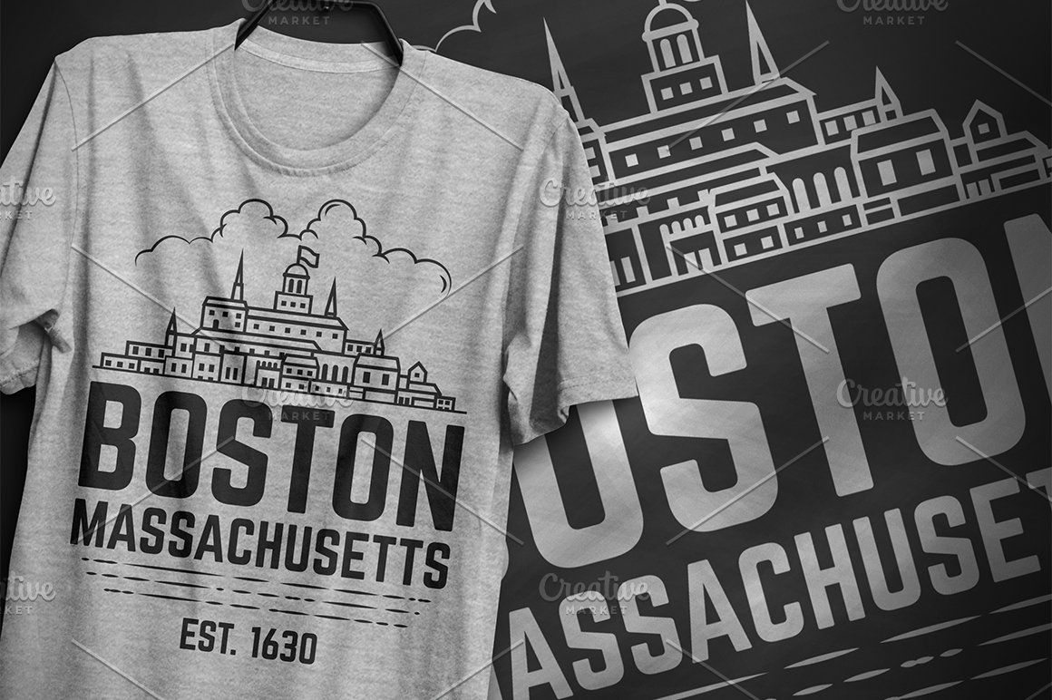 Grey T-shirt with image city Boston and the lettering "Boston Massachusetts" on the background with the same image.