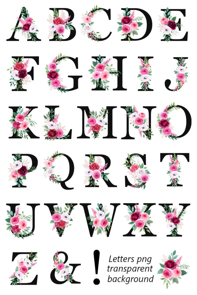 Set of numbers and letters with watercolor flowers. Floral alphabet and ...