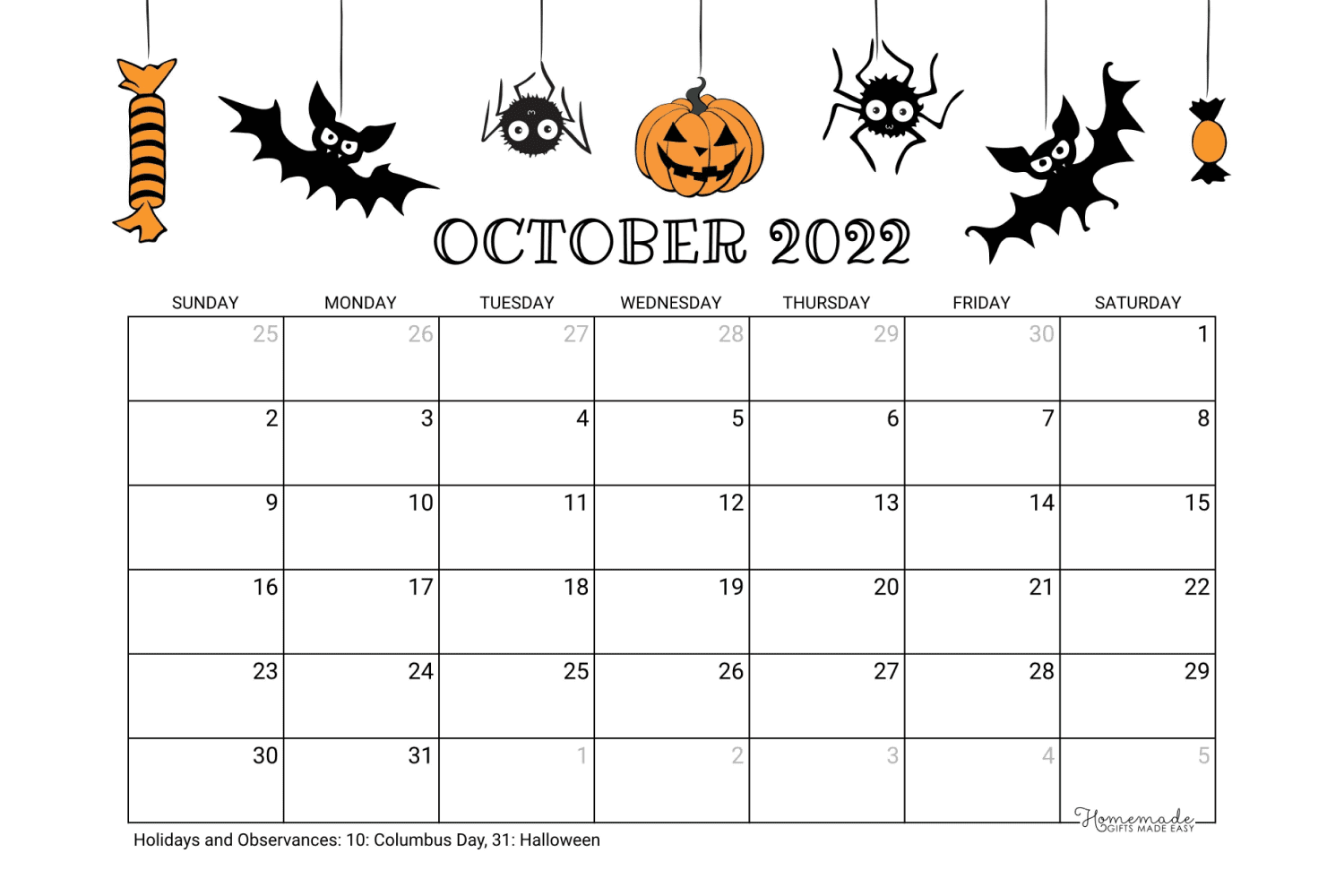 Calendar for October with the ability to write and funny pumpkins, spiders and bats for Halloween.