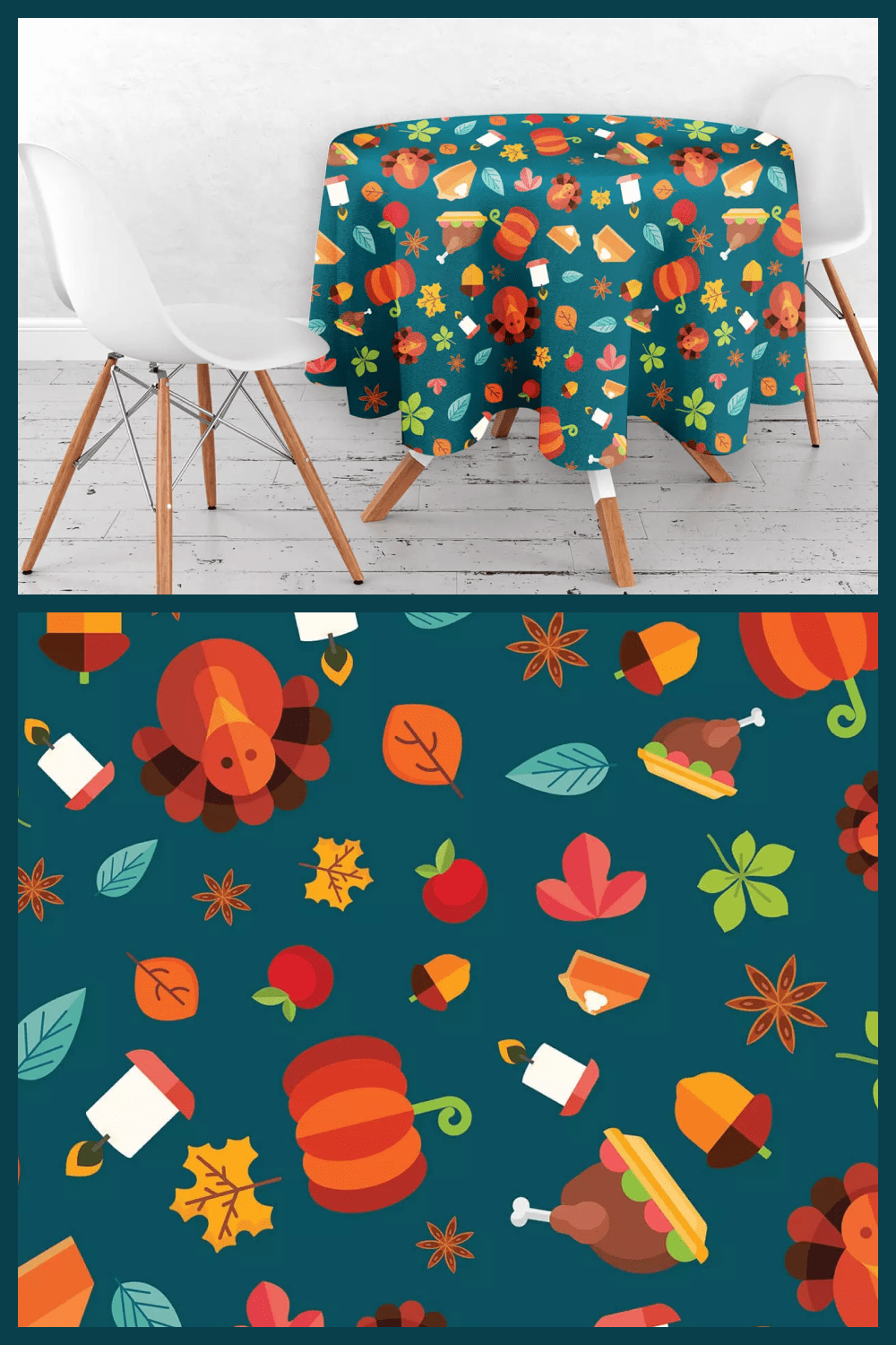 Chair and table with green tablecloth with drawings of pumpkins, leaves, acorns, turkey.