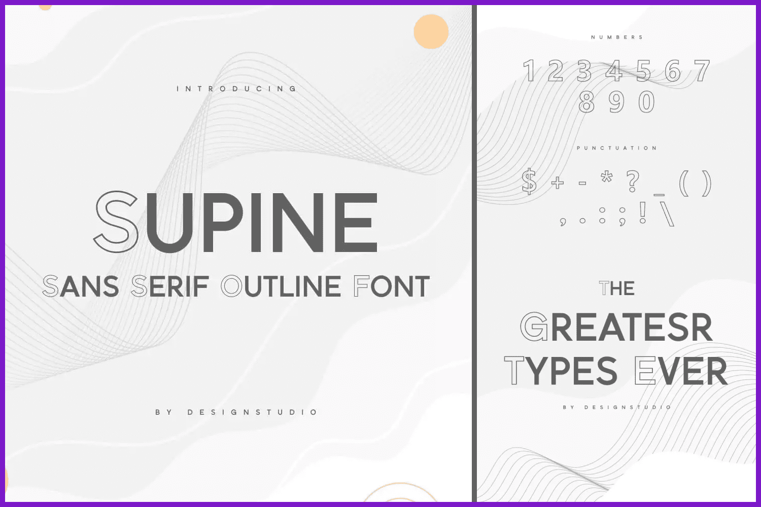 Examples of Supine sans serif outline font on a grey background.