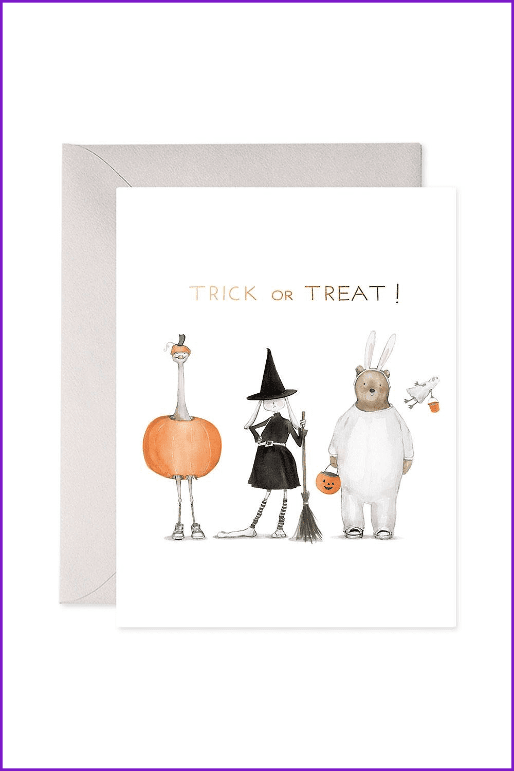 Little witch, teddy bear in pajamas and ostrich in a pumpkin on a postcard.