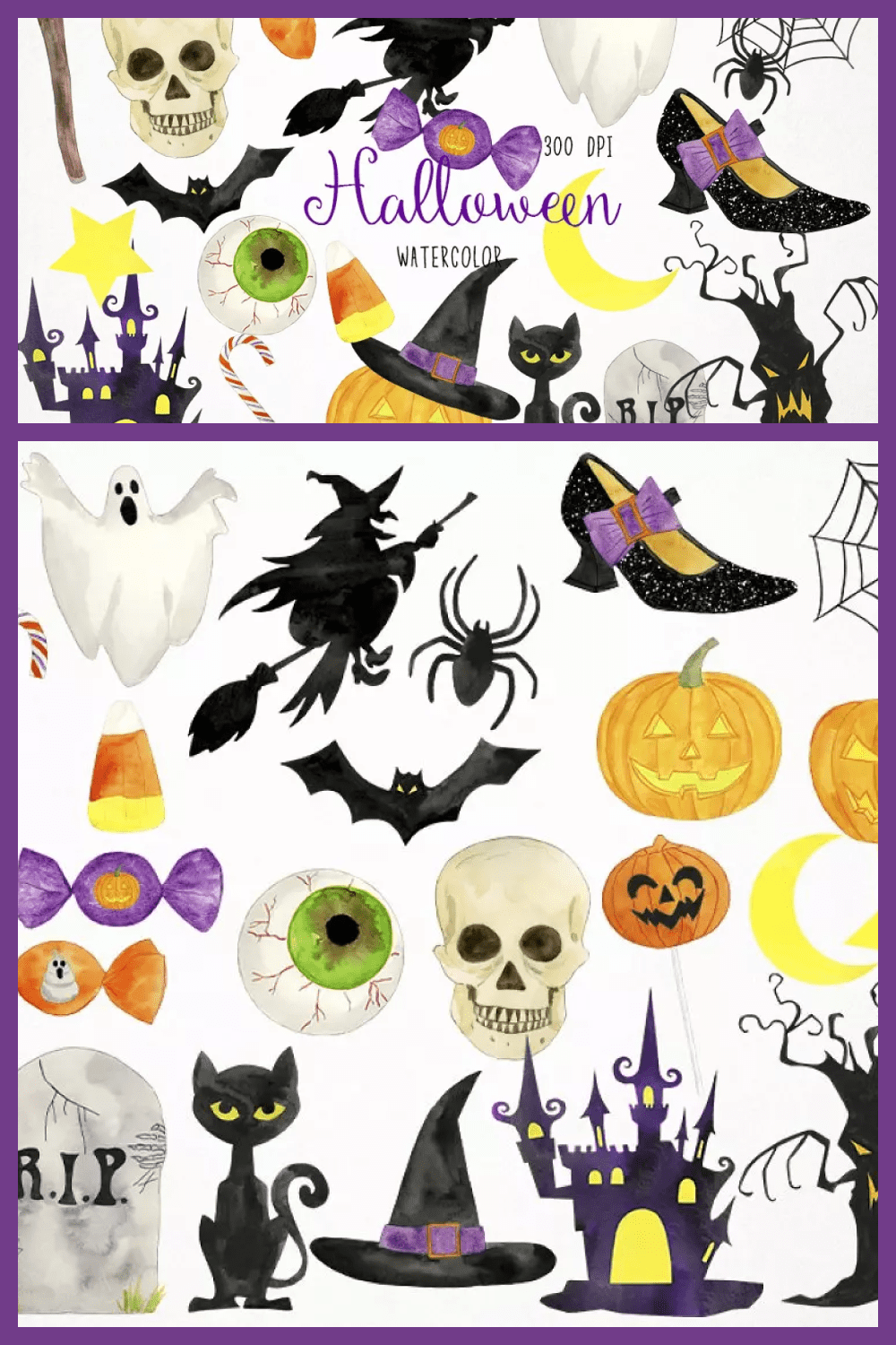 Painted ghosts, witches on a broomstick, spiders, bats, cats, skulls, pumpkins.
