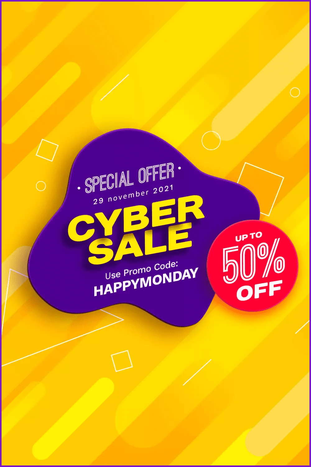 Banner for Cyber Monday with purple blob, red circle on yellow background.