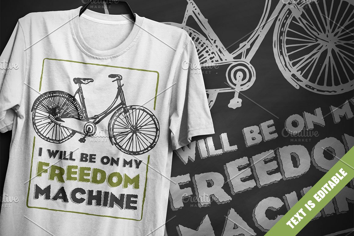 White t-shirt with a bicycle and the lettering "I will be on my freedom machine".