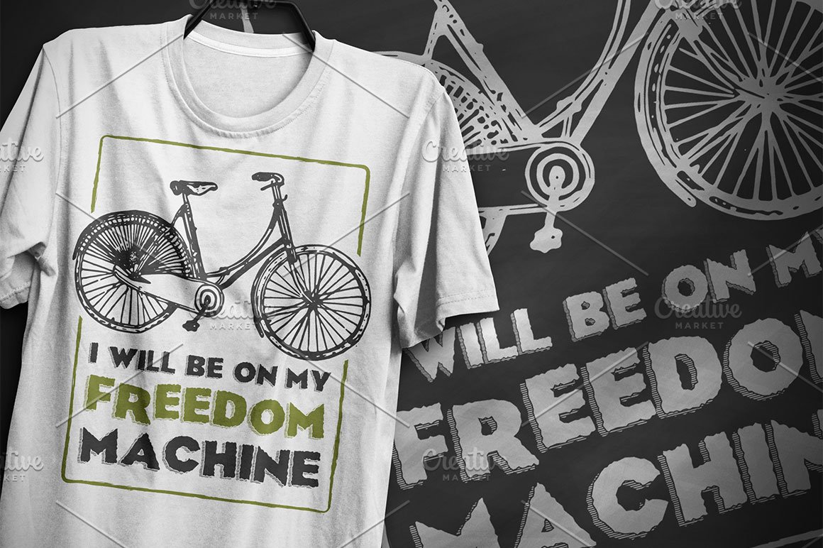 White T-shirt with a bicycle and the lettering "I will be on my freedom machine".