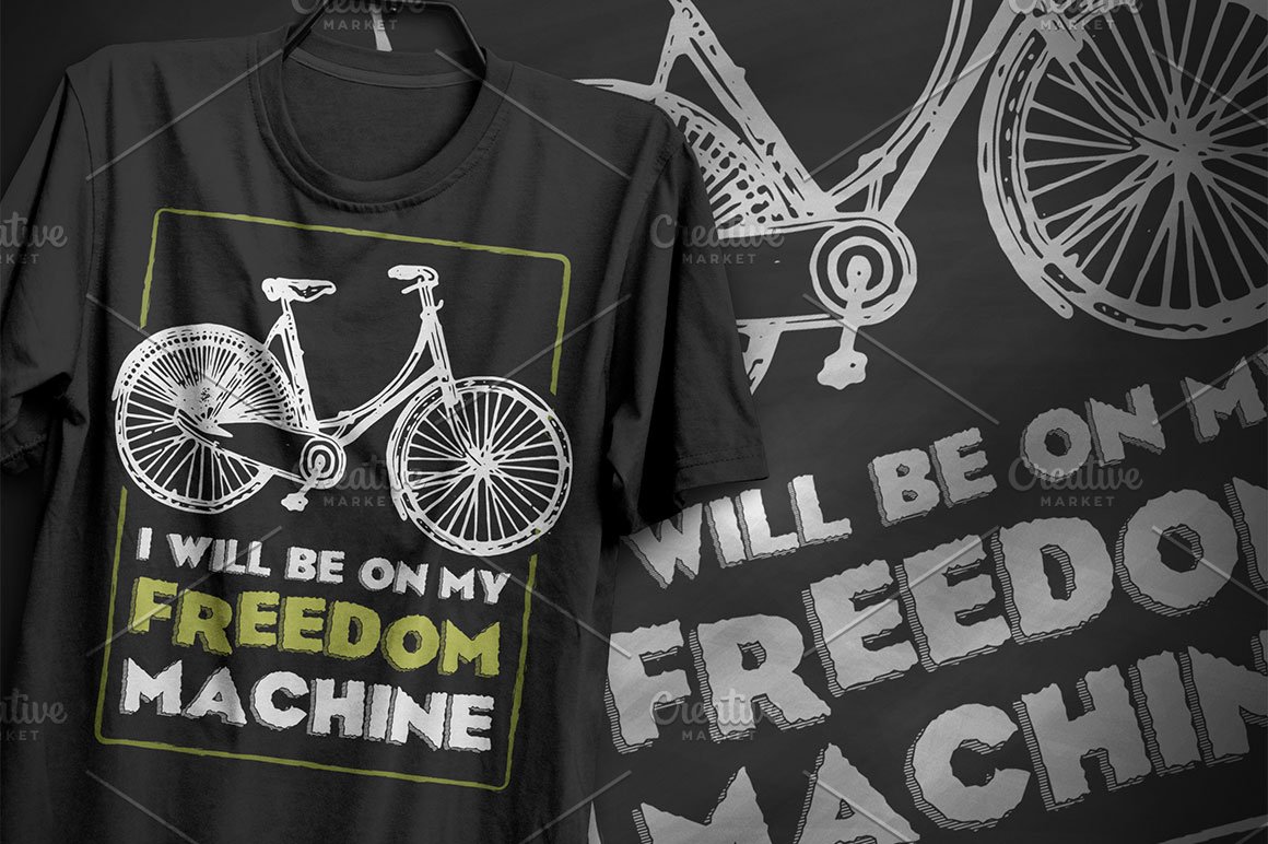 Black t-shirt with a bicycle and the lettering "I will be on my freedom machine".