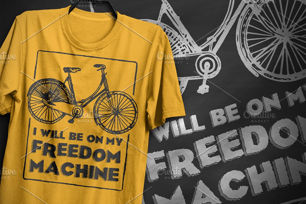 Yellow t-shirt with a bicycle and the lettering "I will be on my freedom machine".