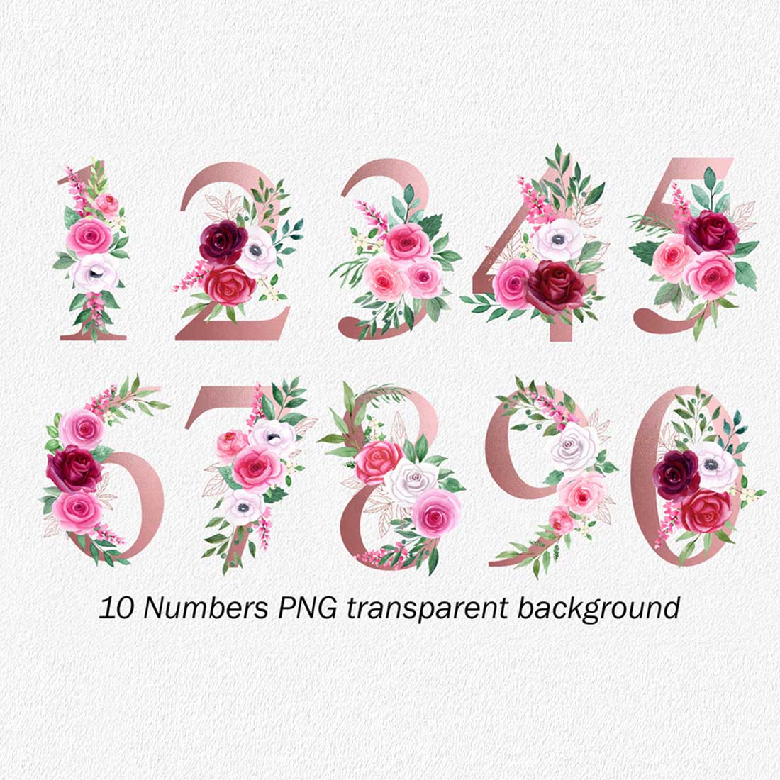 Set of Numbers and Letters with Watercolor Flowers, numbers.