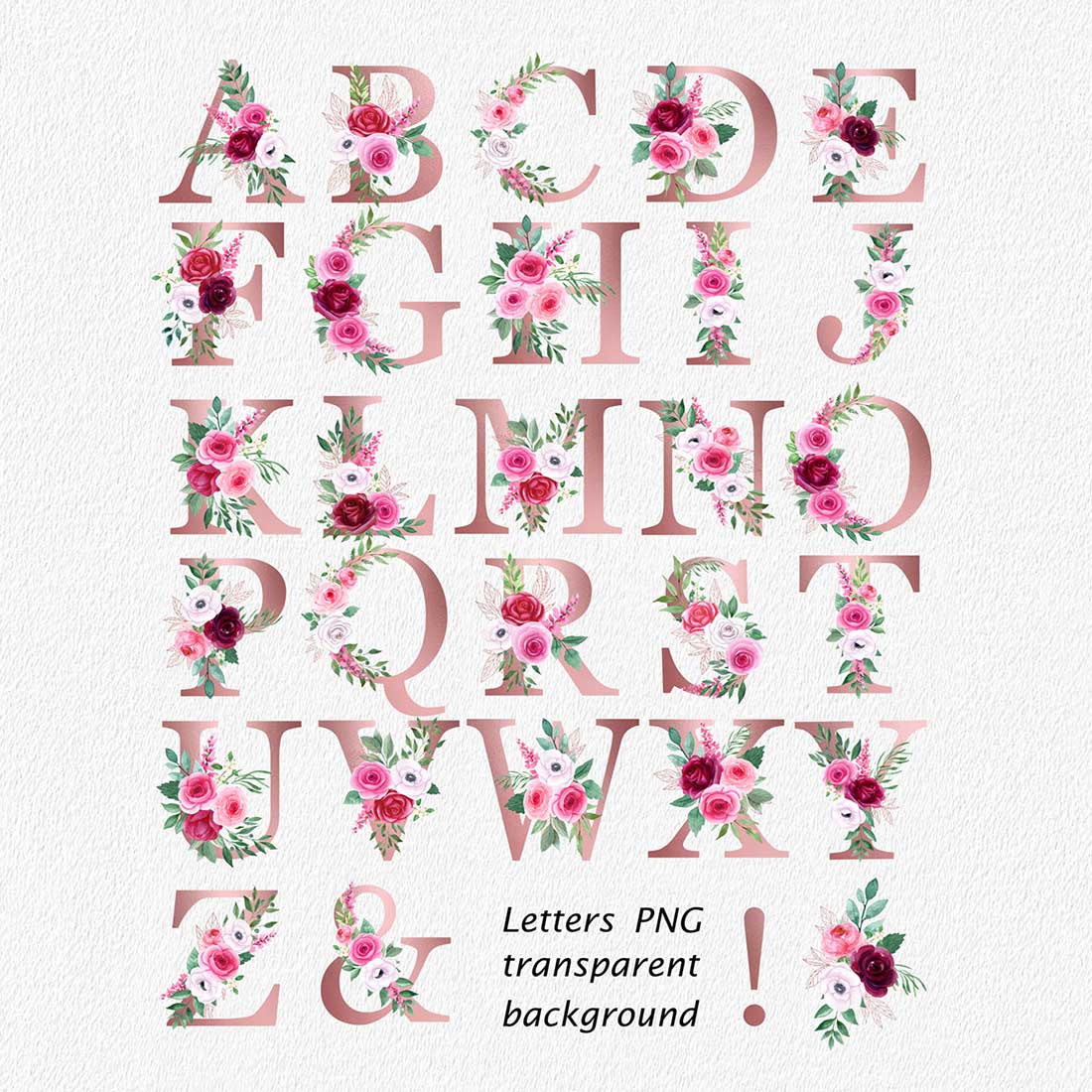Set of Numbers and Letters with Watercolor Flowers, pink alphabet.