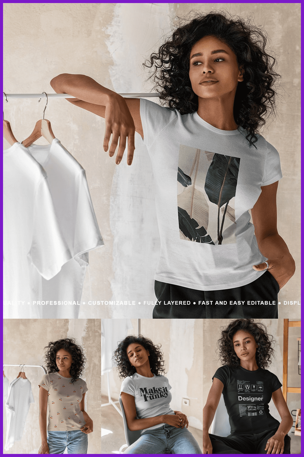 Collage of photos of a girl in different t-shirts with designer prints.