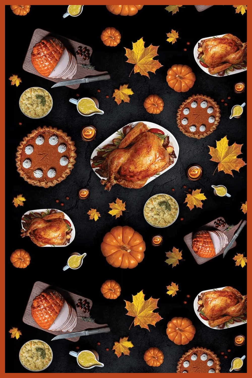 Turkey on a plate, pies, pumpkins, ham, leaves on a black background.